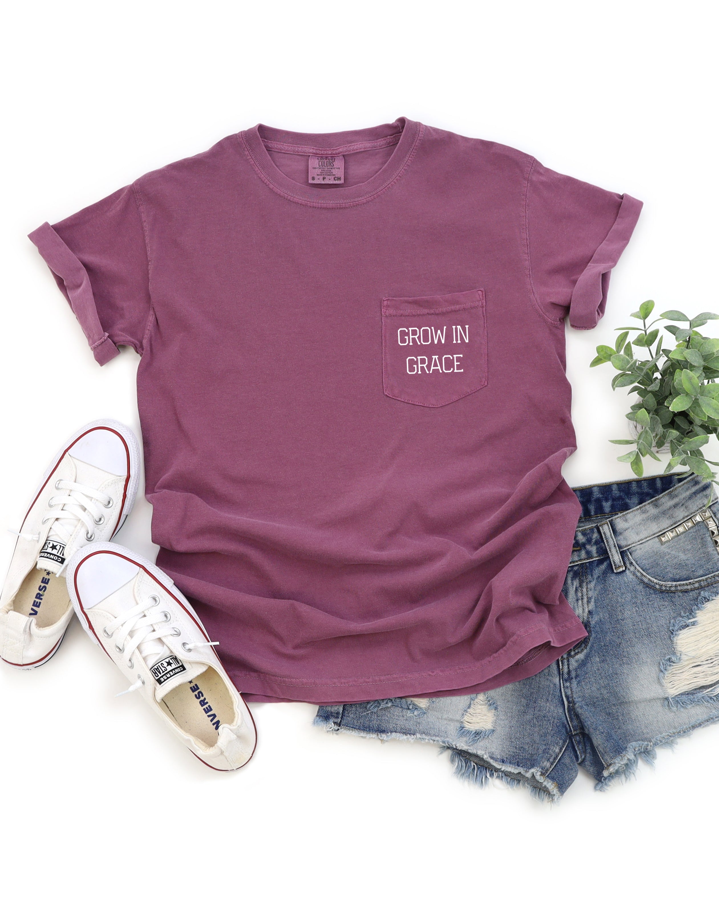 Grow In Grace Comfort Colors Pocket T-Shirt – Christian Pro-Life Faith Graphic Tee