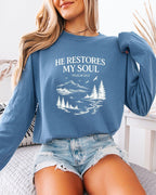 He Restores My Soul Psalm Christian Comfort Colors Long Sleeve Shirt