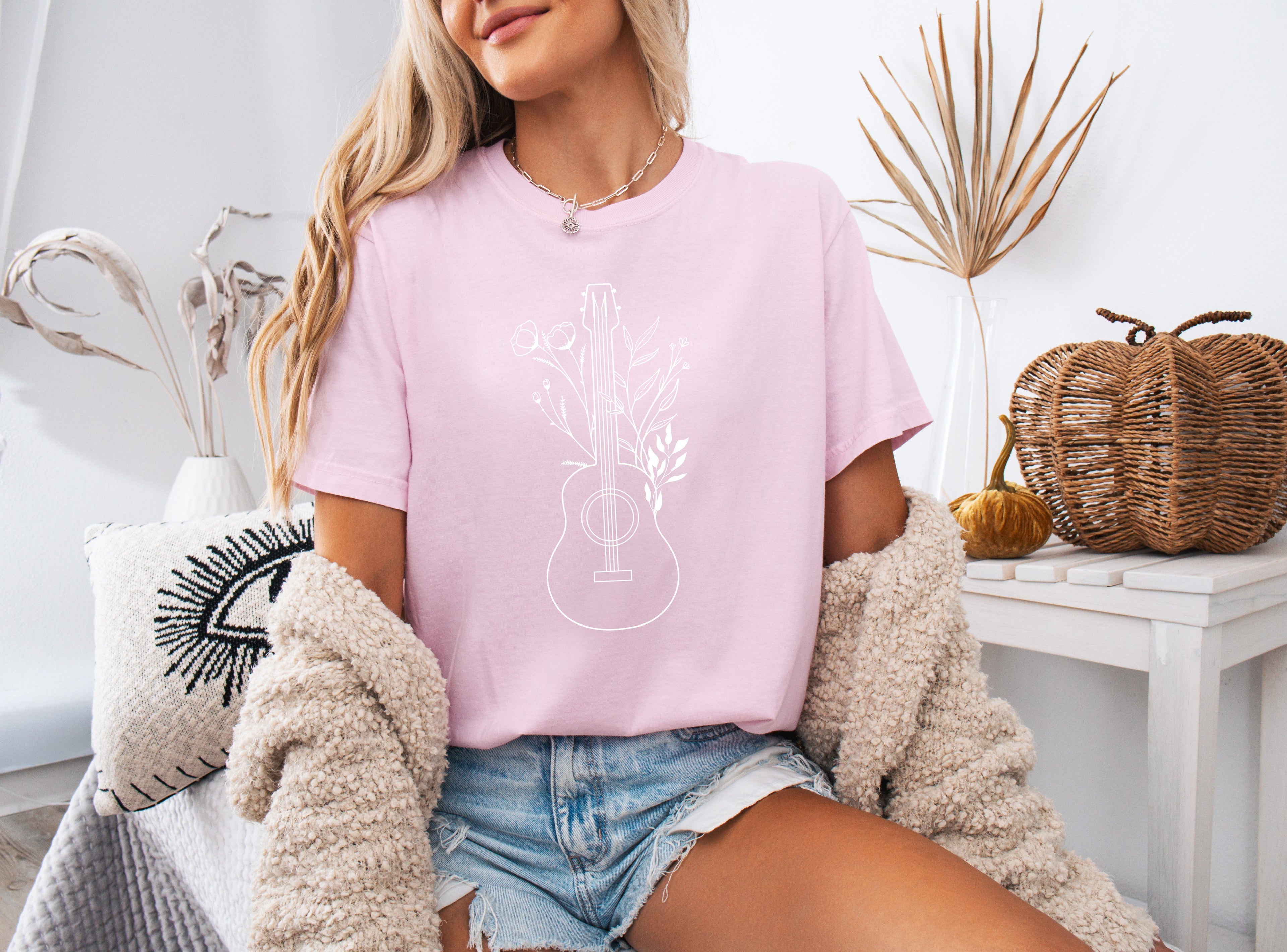 Wildflowers and Guitar Music Nature botanical Garment Dyed T Shirt